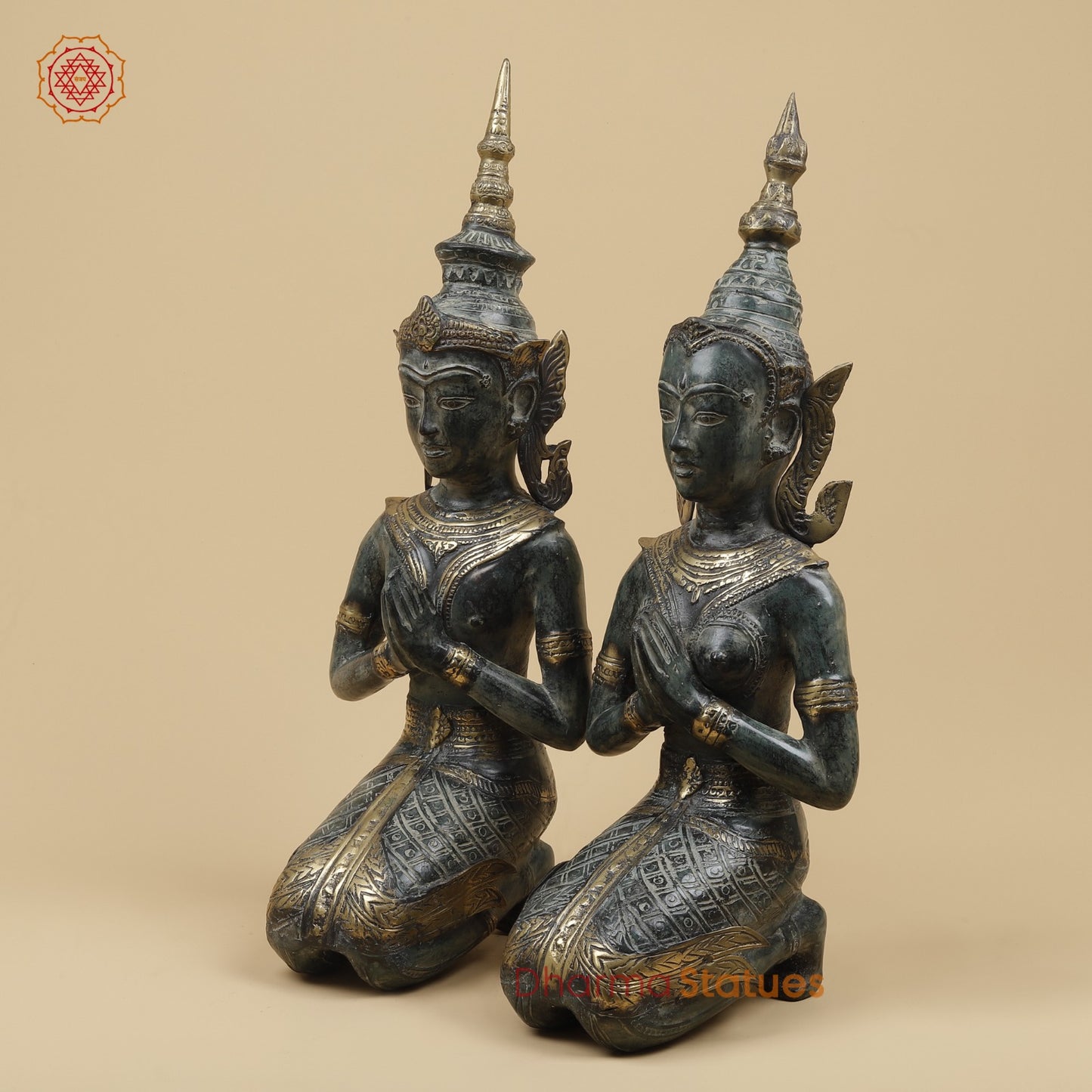 Bronze Praying Devas Kneeling Fine, Turqoise Patina Finish 22.5” Origin- Java, Indonesia.