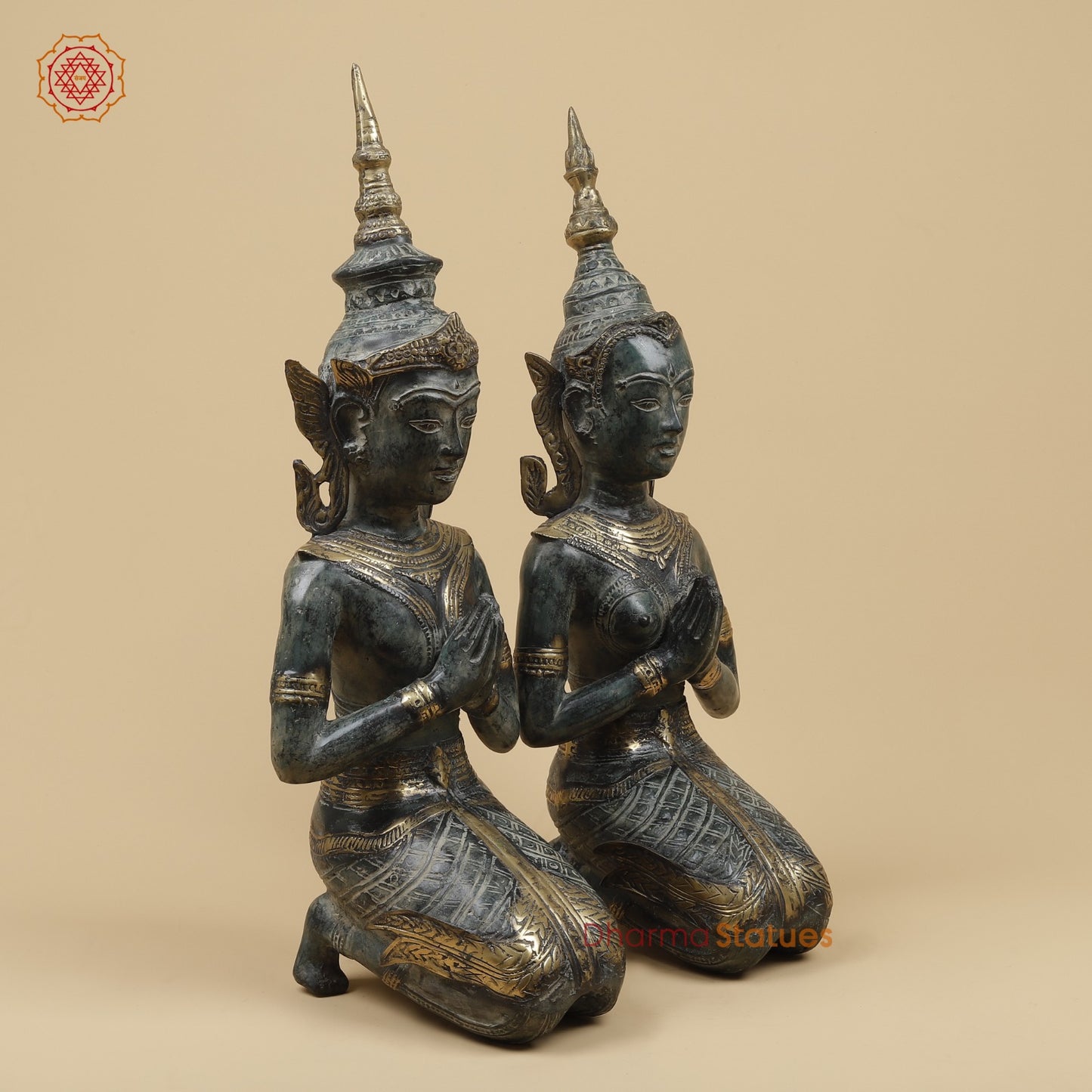 Bronze Praying Devas Kneeling Fine, Turqoise Patina Finish 22.5” Origin- Java, Indonesia.
