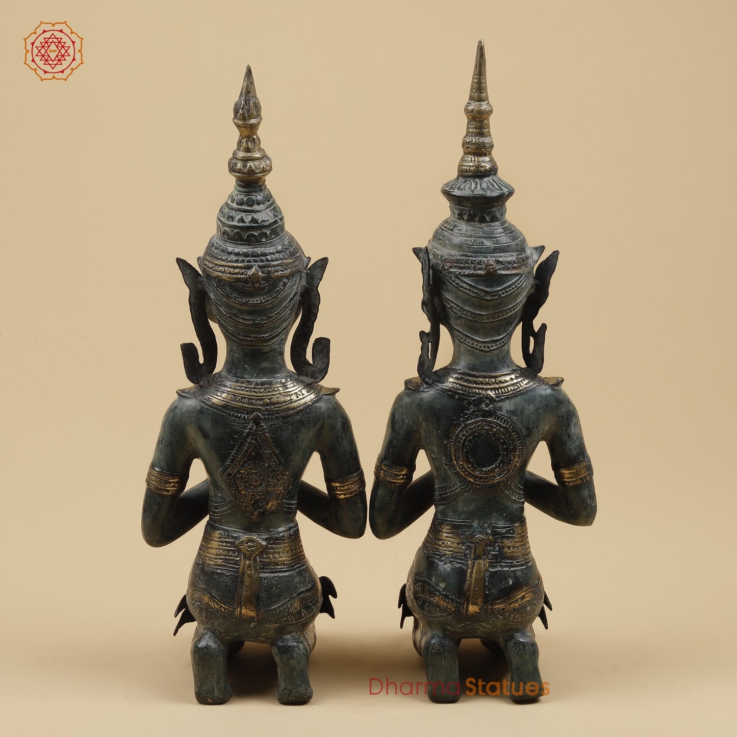 Bronze Praying Devas Kneeling Fine, Turqoise Patina Finish 22.5” Origin- Java, Indonesia.