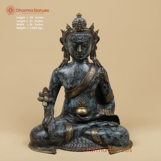 Bronze Crown Buddha holding Flower Fine, Turqoise finish 20” Origin - Java, Indonesia