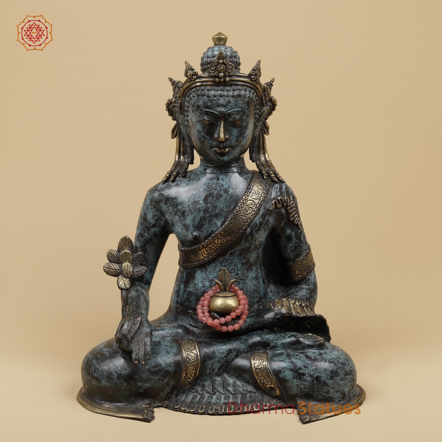 Bronze Crown Buddha holding Flower Fine, Turqoise finish 20” Origin - Java, Indonesia
