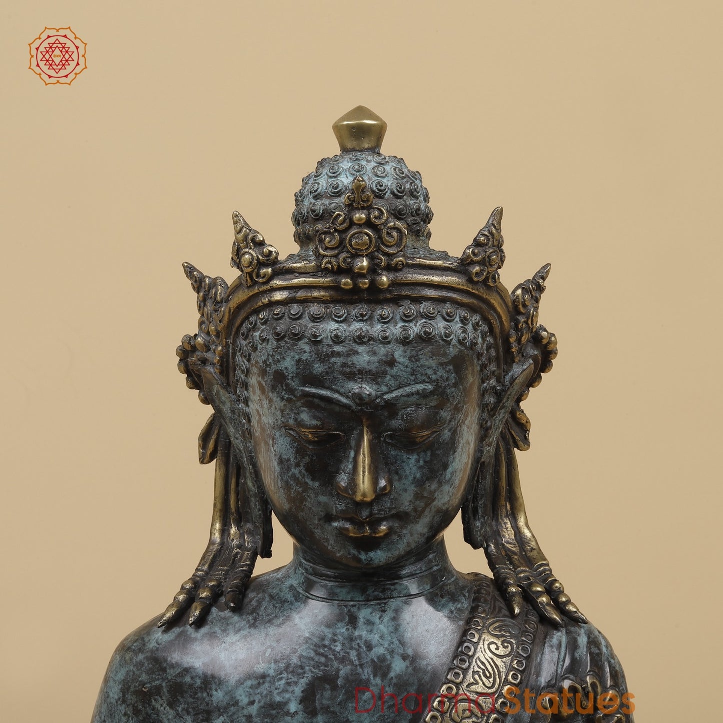 Bronze Crown Buddha holding Flower Fine, Turqoise finish 20” Origin - Java, Indonesia