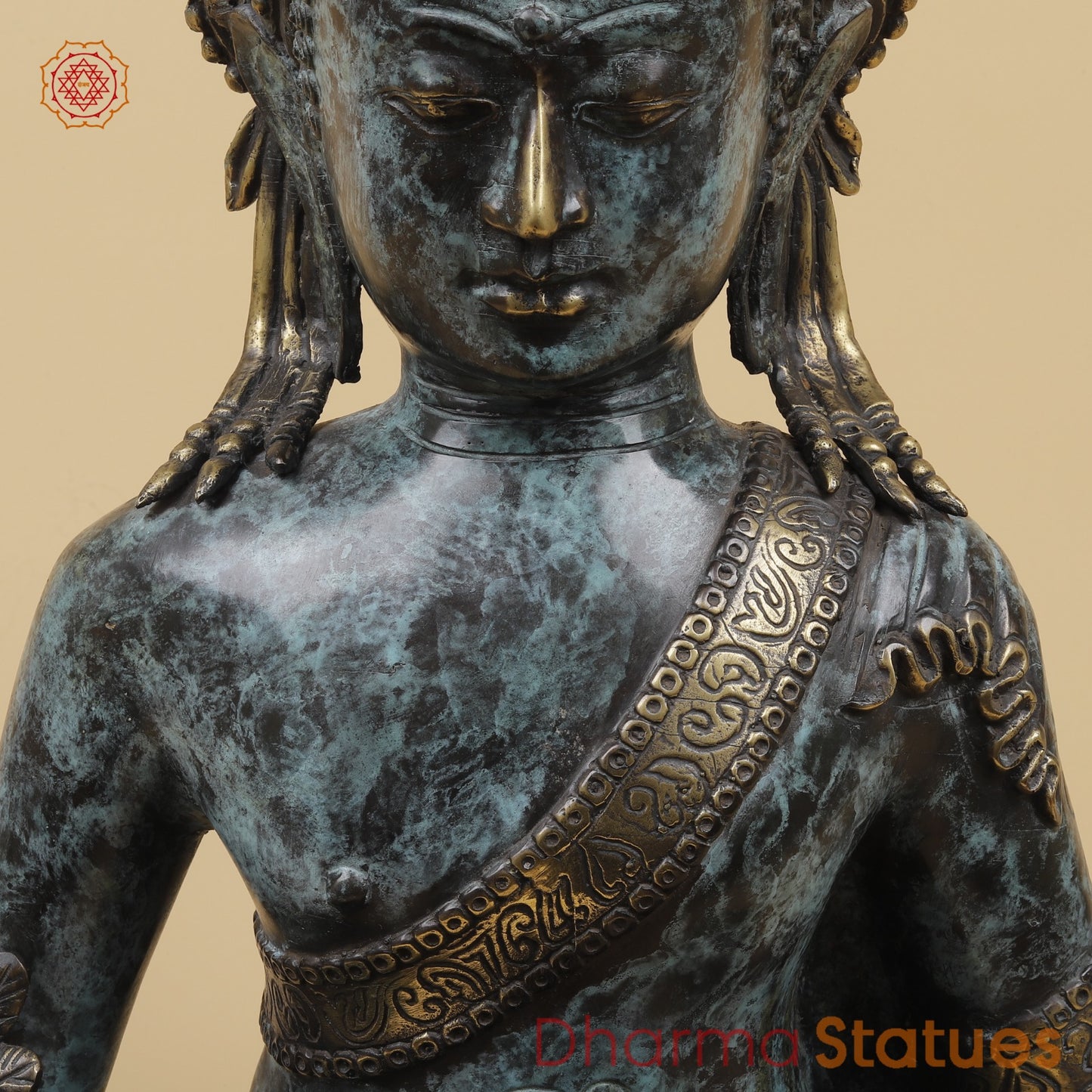 Bronze Crown Buddha holding Flower Fine, Turqoise finish 20” Origin - Java, Indonesia