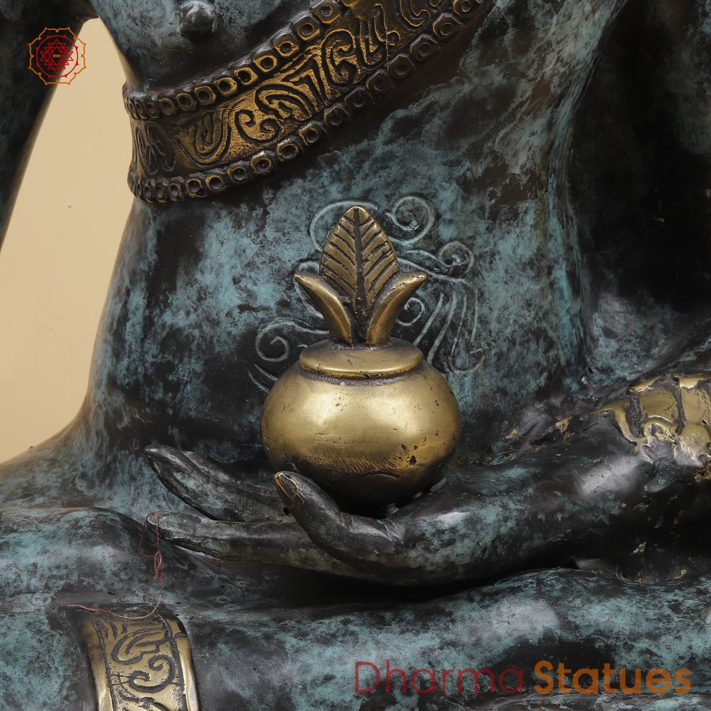 Bronze Crown Buddha holding Flower Fine, Turqoise finish 20” Origin - Java, Indonesia