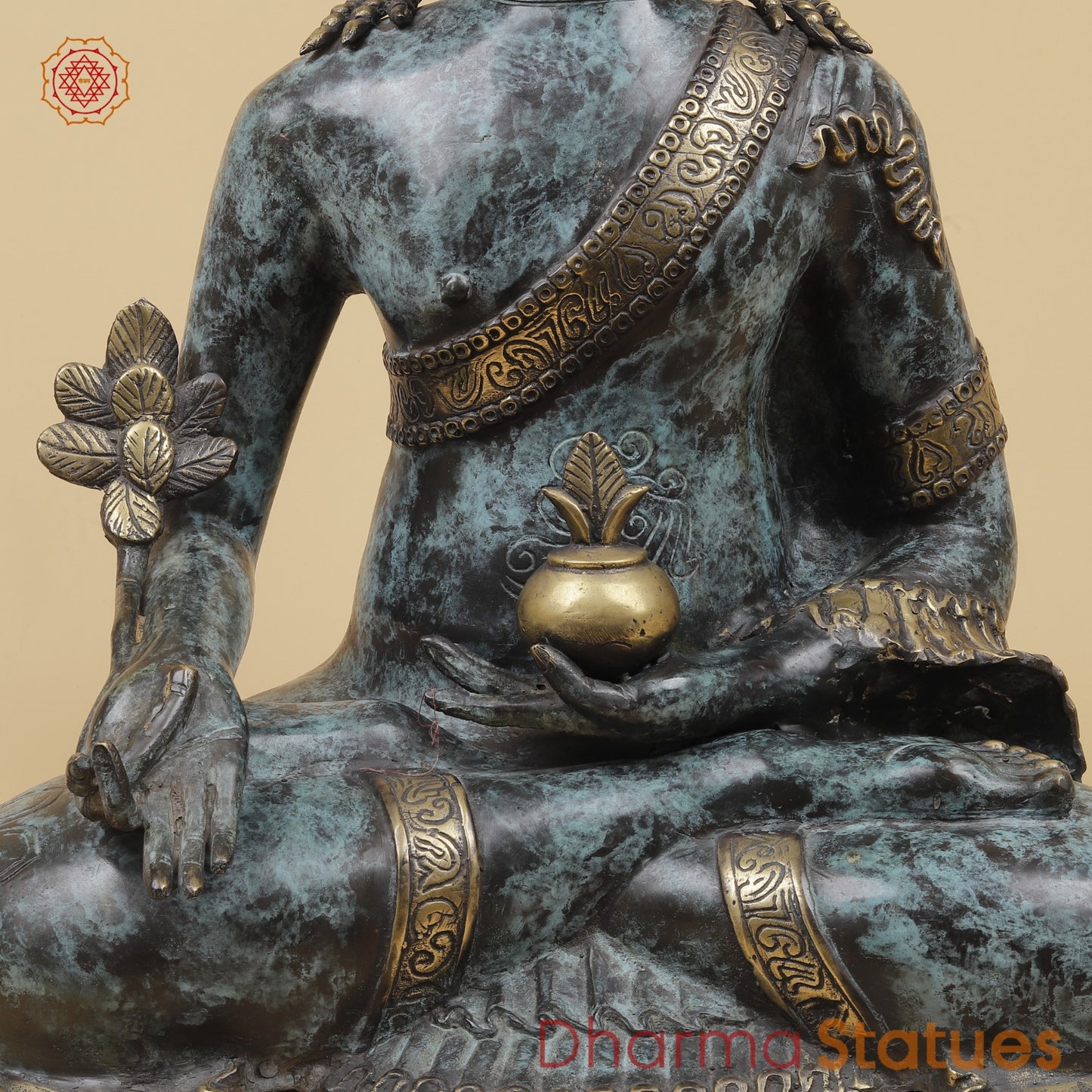 Bronze Crown Buddha holding Flower Fine, Turqoise finish 20” Origin - Java, Indonesia