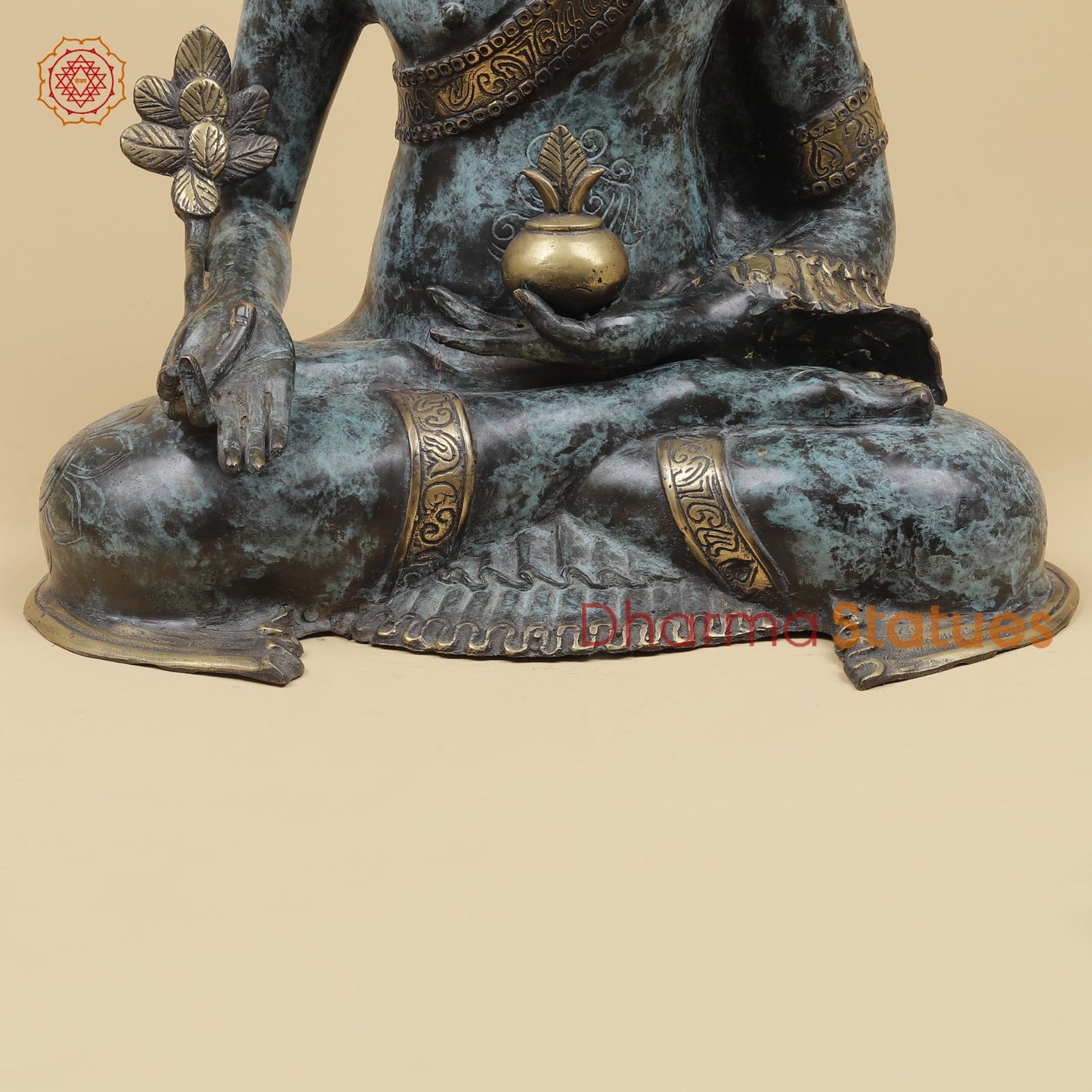 Bronze Crown Buddha holding Flower Fine, Turqoise finish 20” Origin - Java, Indonesia