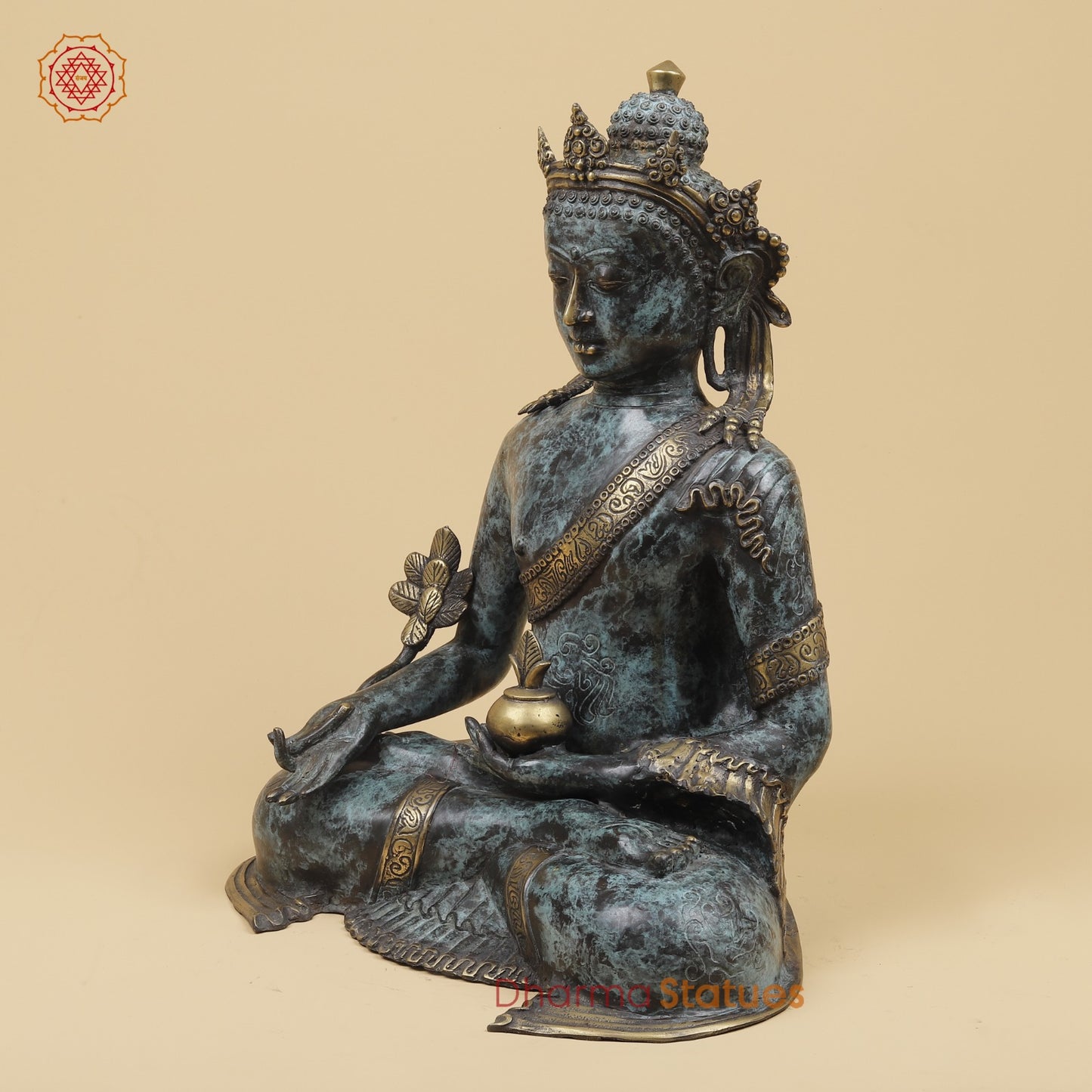 Bronze Crown Buddha holding Flower Fine, Turqoise finish 20” Origin - Java, Indonesia