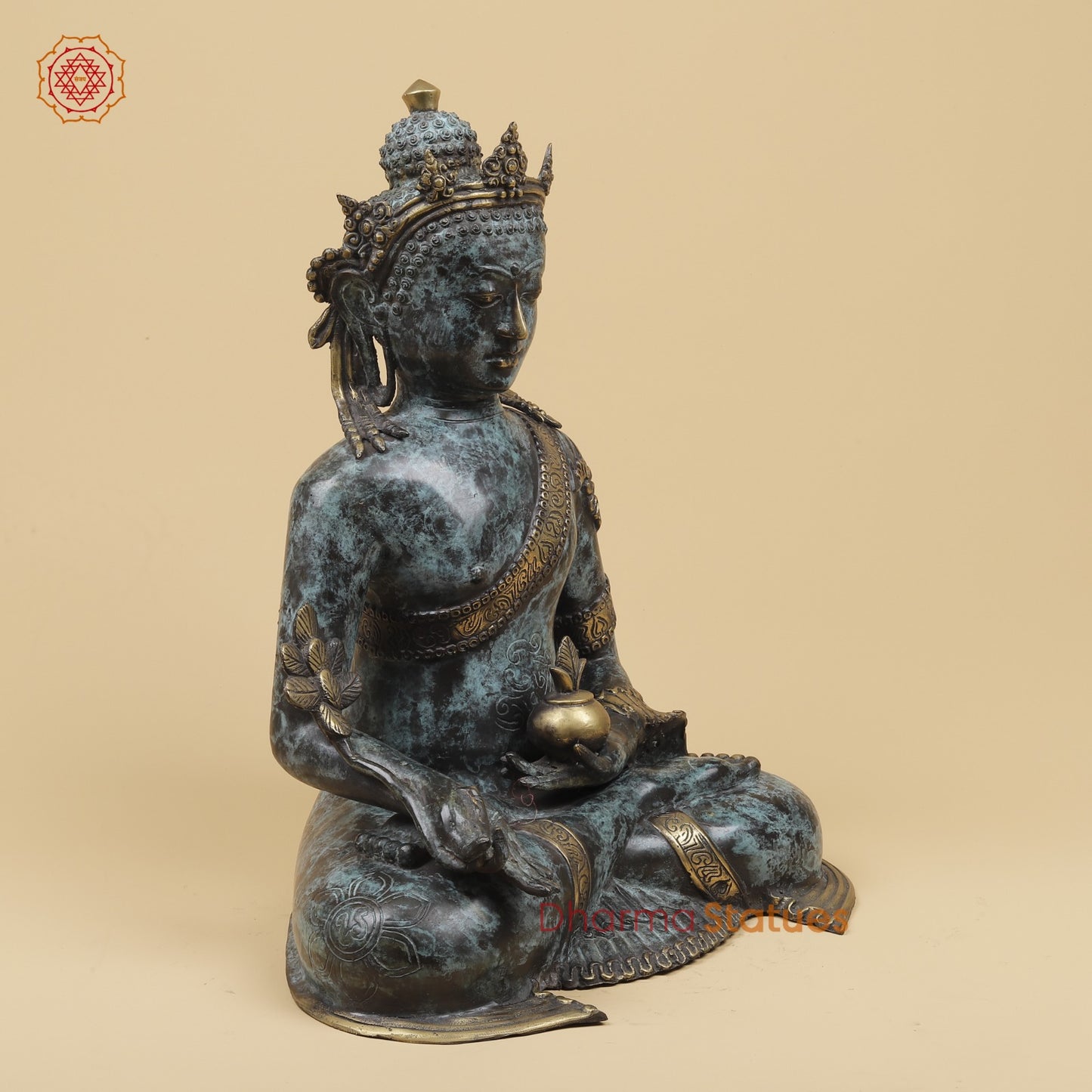 Bronze Crown Buddha holding Flower Fine, Turqoise finish 20” Origin - Java, Indonesia
