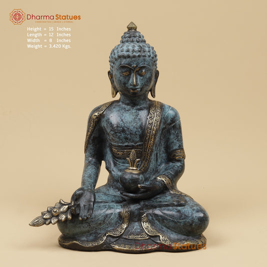 Brass Medicine Buddha Fine, Turqoise Finish 15” Origin - Java, Indonesia