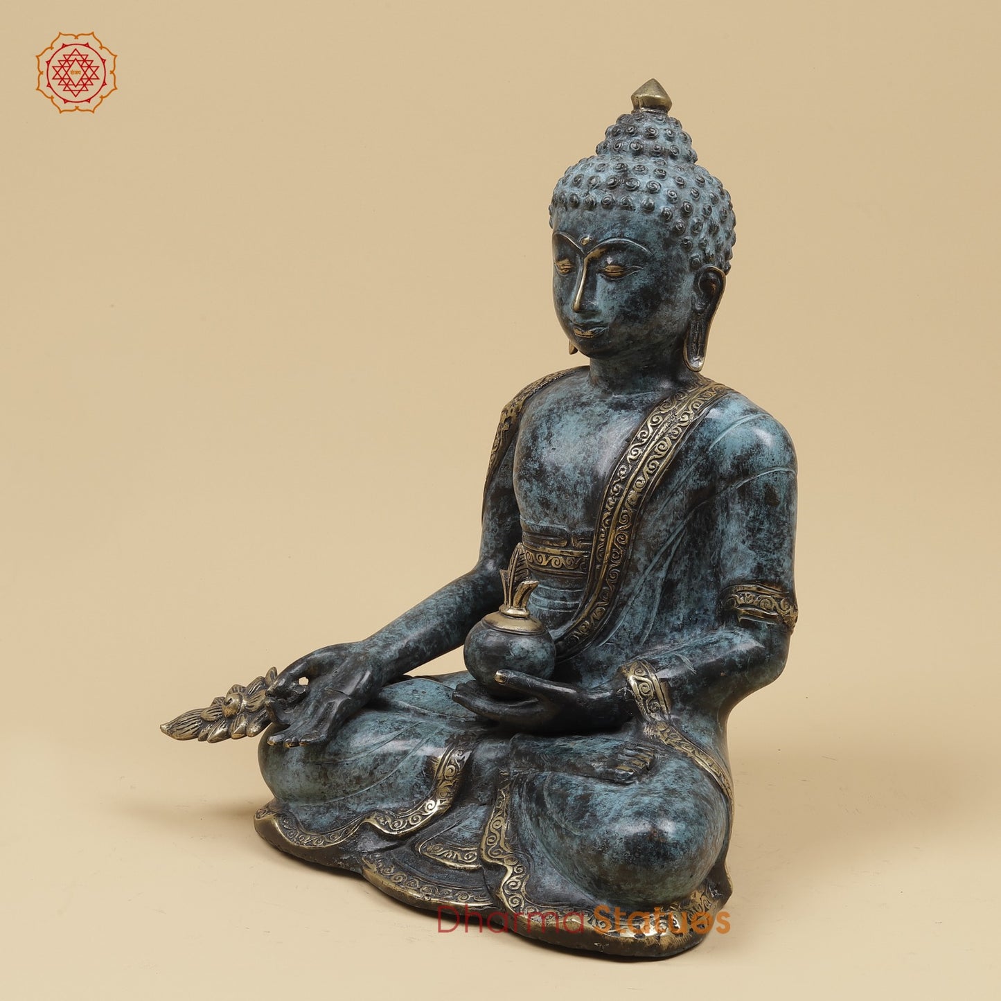 Brass Medicine Buddha Fine, Turqoise Finish 15” Origin - Java, Indonesia