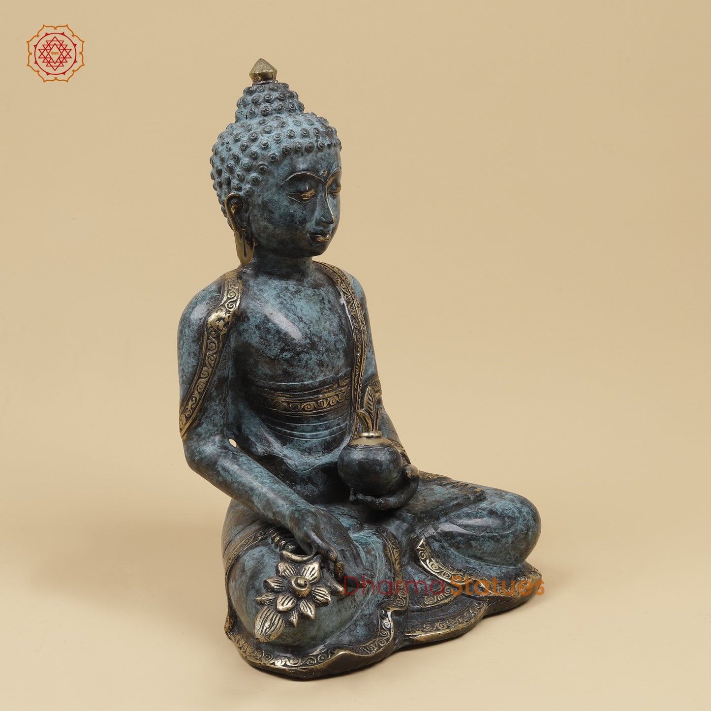 Brass Medicine Buddha Fine, Turqoise Finish 15” Origin - Java, Indonesia