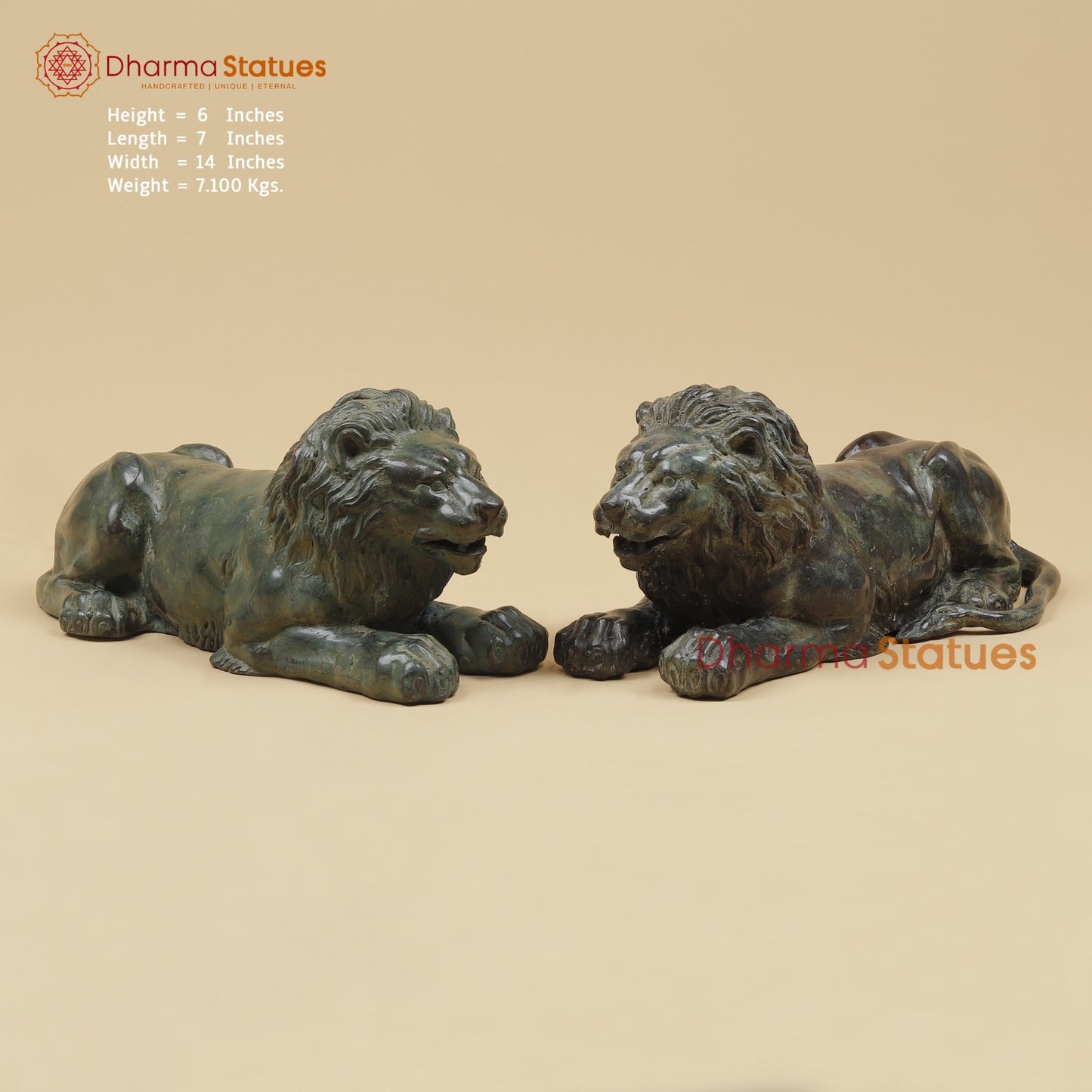 Bronze Pair Of Lions Seated Fine, Dark Green Natural Patina 14” Origin- Java, Indonesia.
