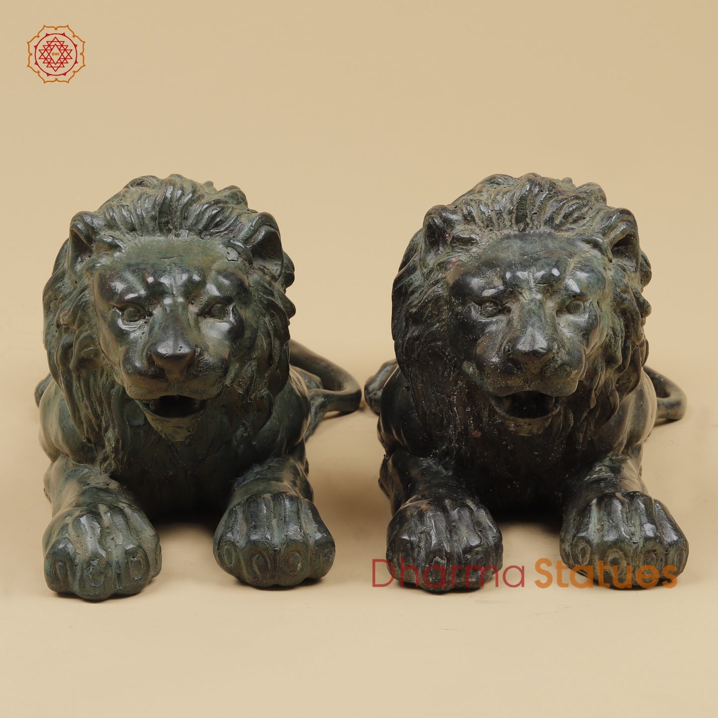 Bronze Pair Of Lions Seated Fine, Dark Green Natural Patina 14” Origin- Java, Indonesia.