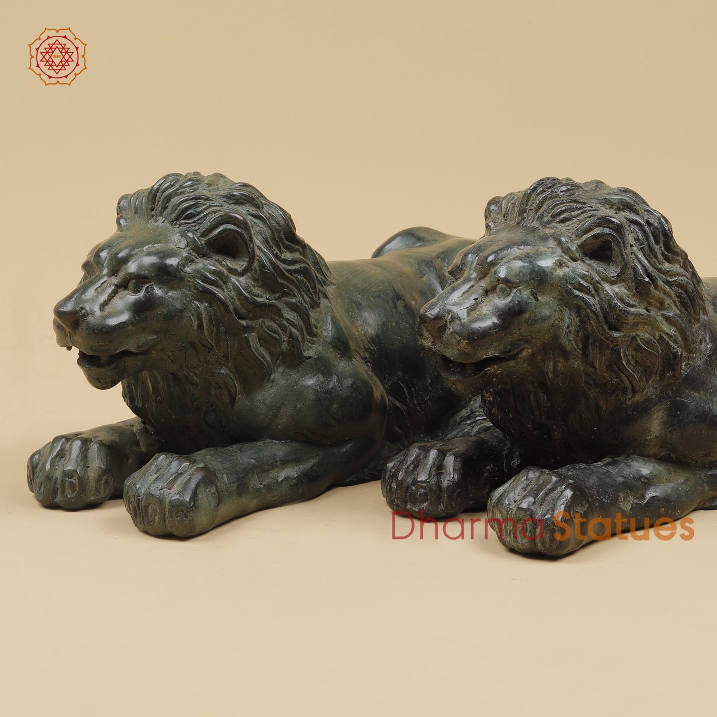 Bronze Pair Of Lions Seated Fine, Dark Green Natural Patina 14” Origin- Java, Indonesia.