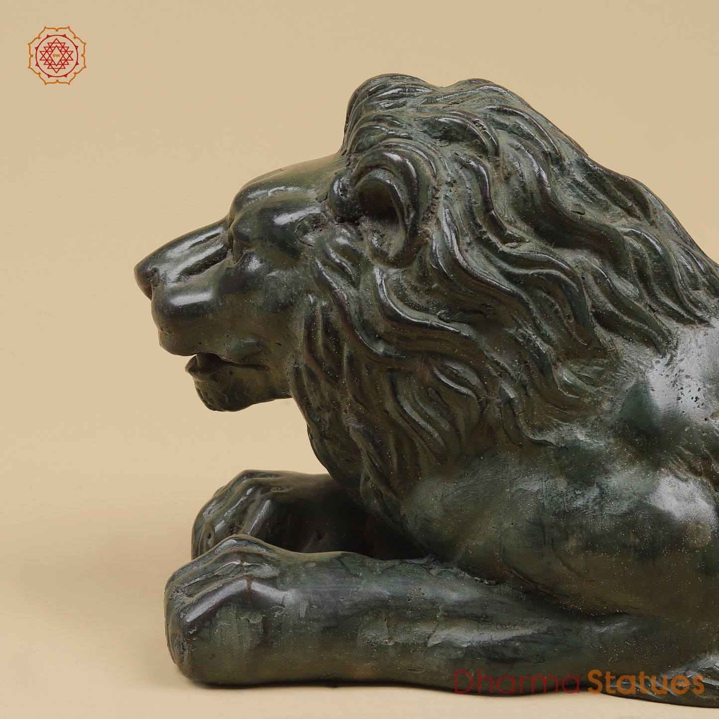 Bronze Pair Of Lions Seated Fine, Dark Green Natural Patina 14” Origin- Java, Indonesia.