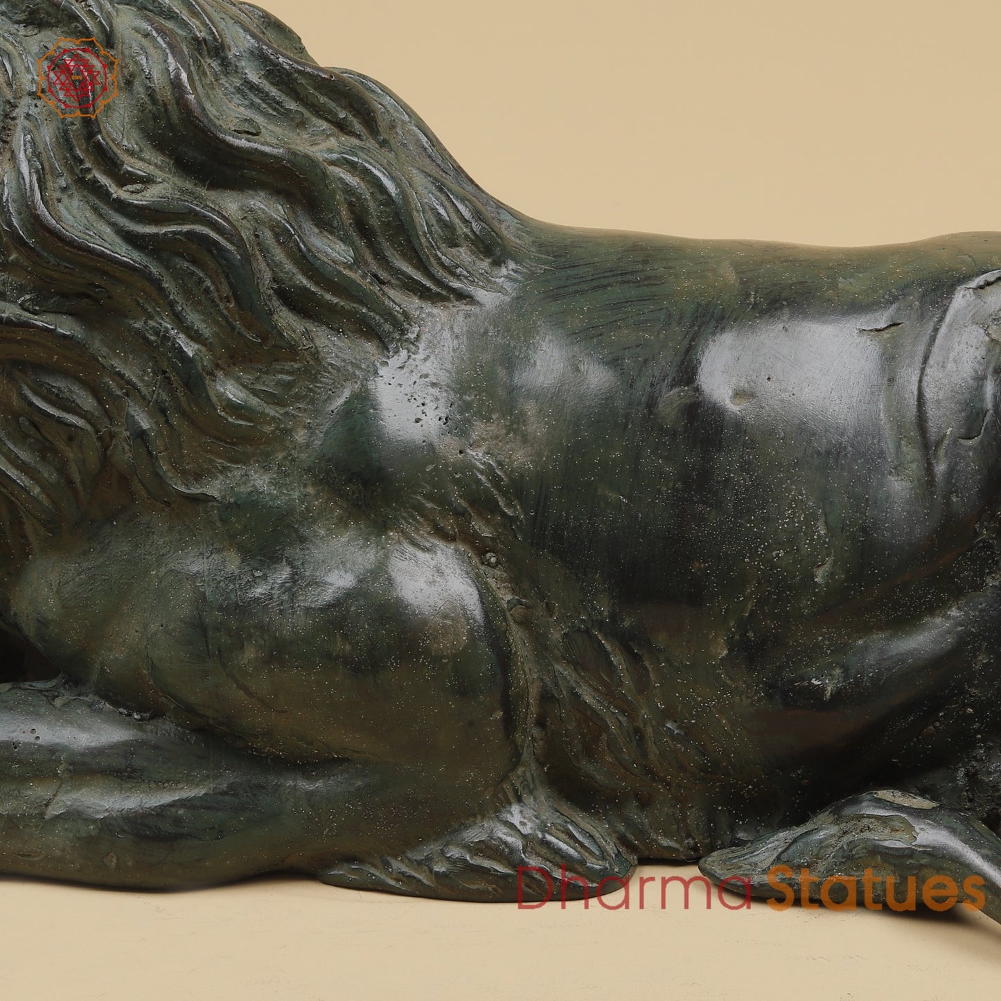Bronze Pair Of Lions Seated Fine, Dark Green Natural Patina 14” Origin- Java, Indonesia.