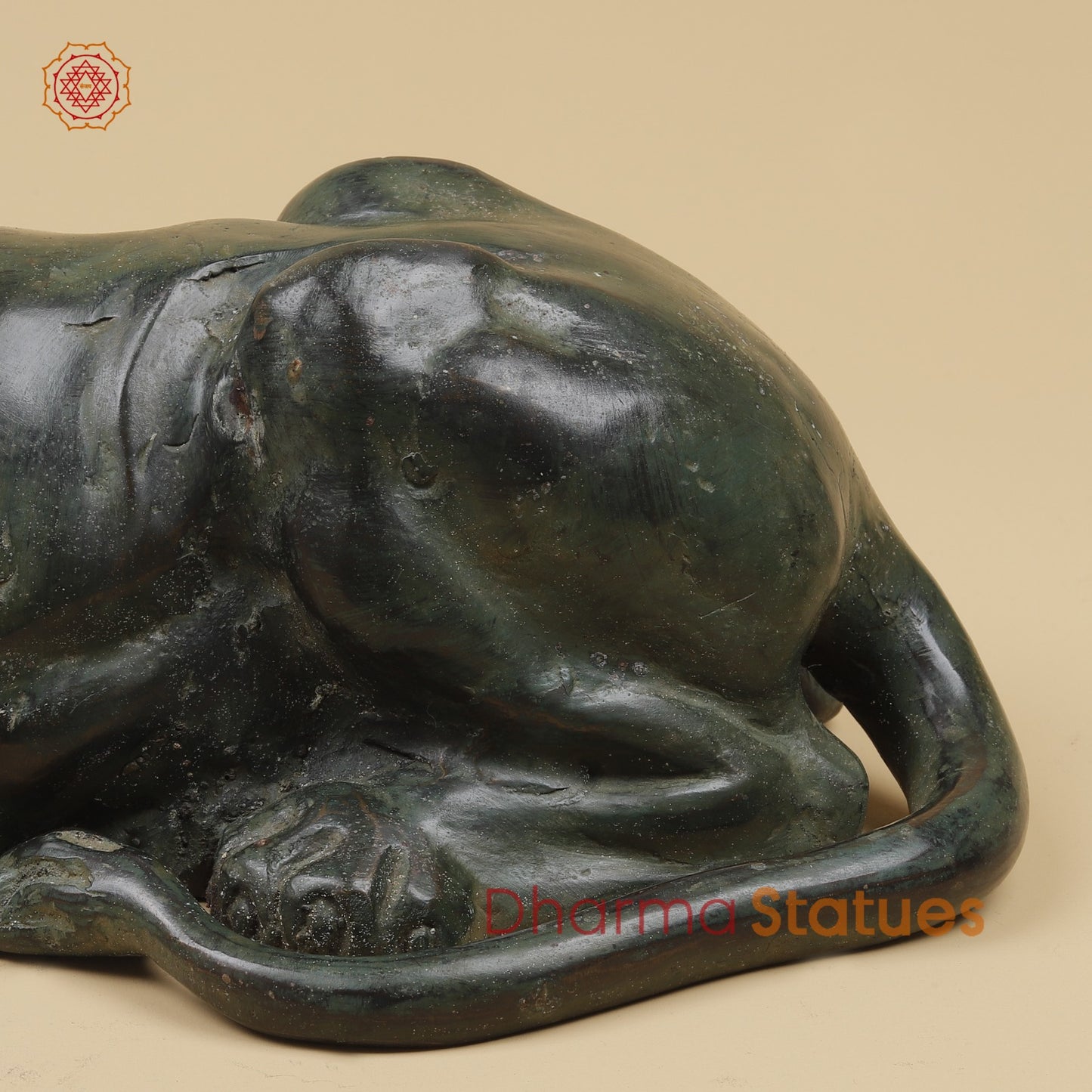 Bronze Pair Of Lions Seated Fine, Dark Green Natural Patina 14” Origin- Java, Indonesia.