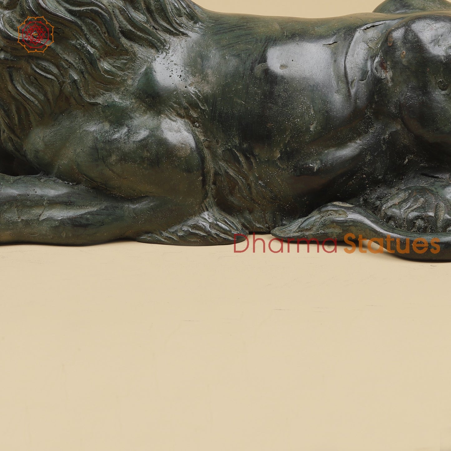 Bronze Pair Of Lions Seated Fine, Dark Green Natural Patina 14” Origin- Java, Indonesia.