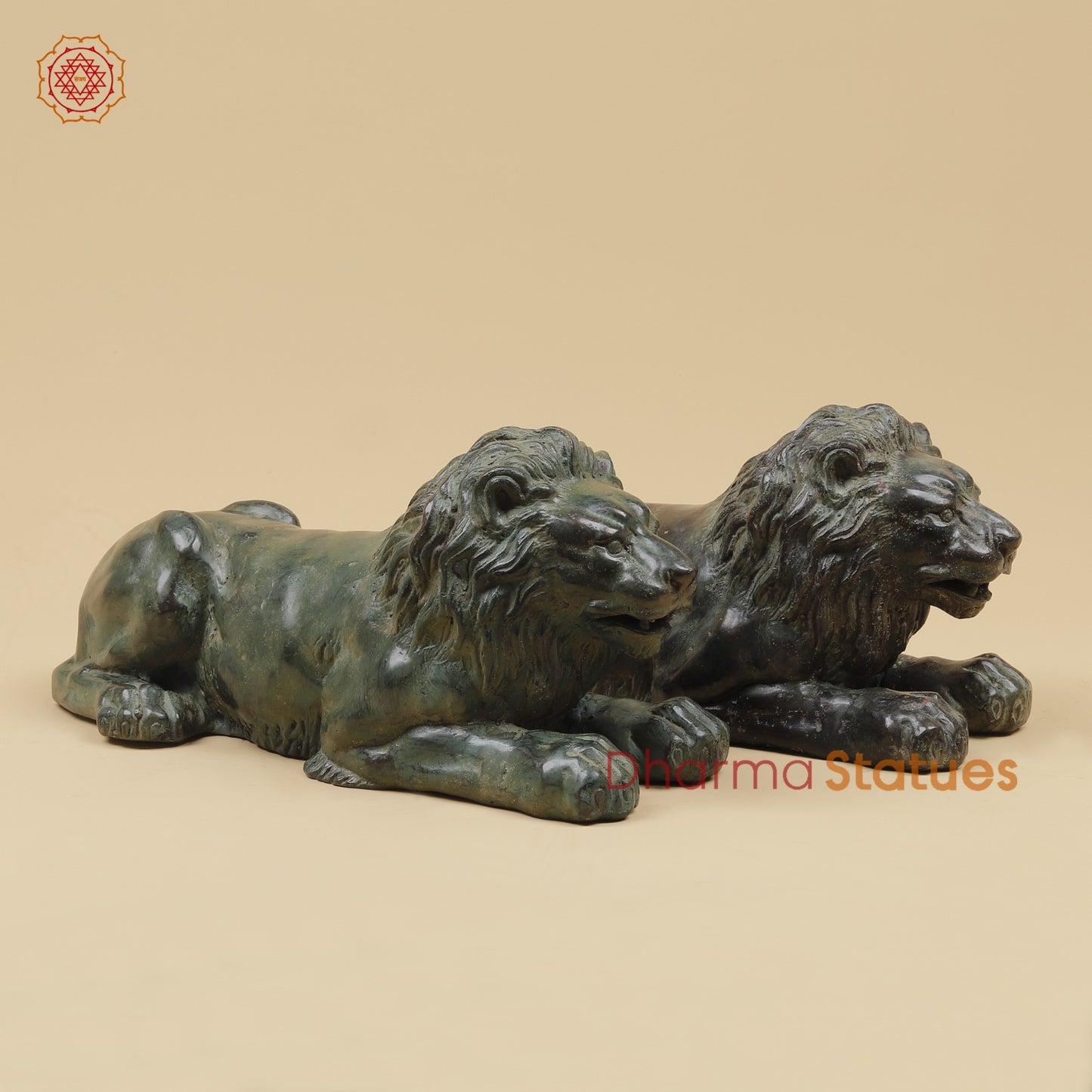 Bronze Pair Of Lions Seated Fine, Dark Green Natural Patina 14” Origin- Java, Indonesia.