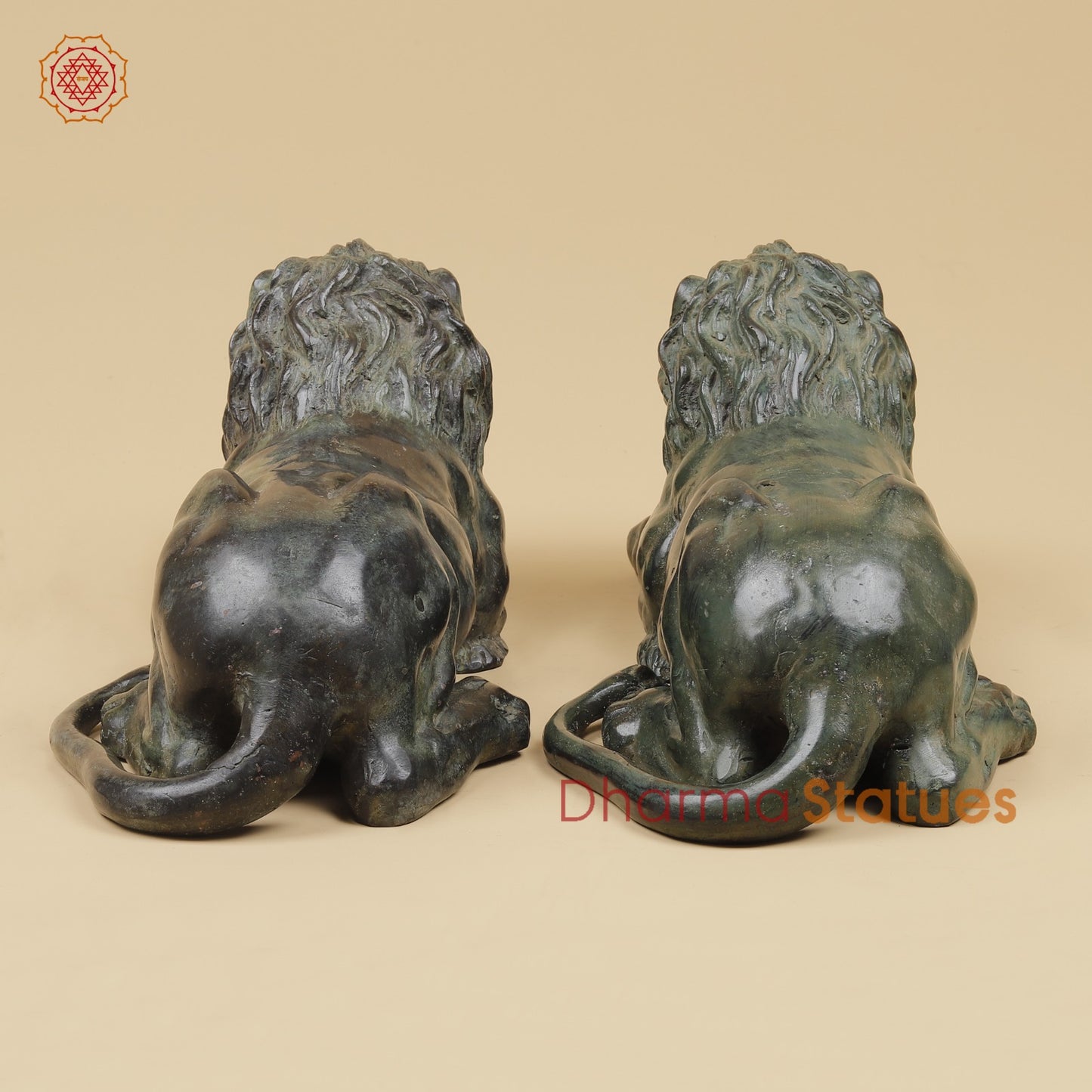 Bronze Pair Of Lions Seated Fine, Dark Green Natural Patina 14” Origin- Java, Indonesia.