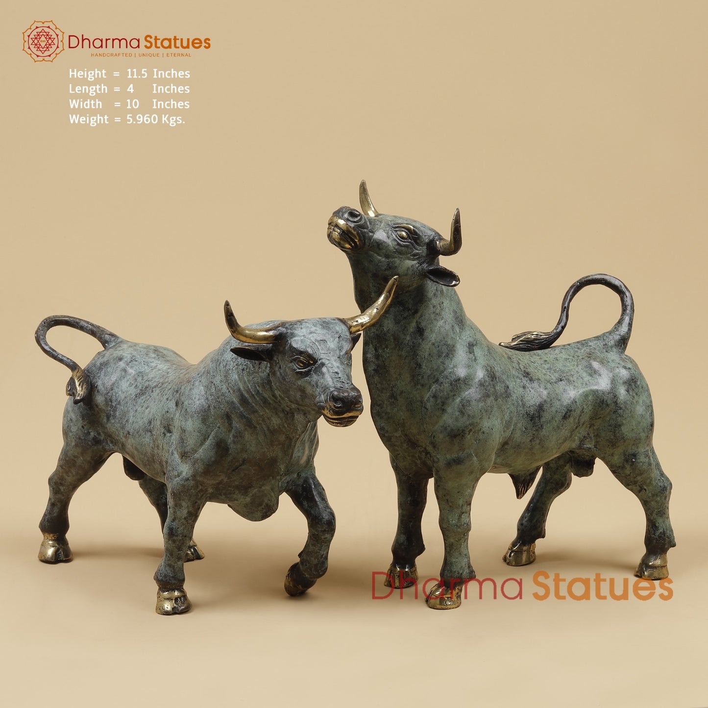 Bronze Pair Of Bulls Standing Fine, Turqoise finish 12” Origin - Java, Indonesia