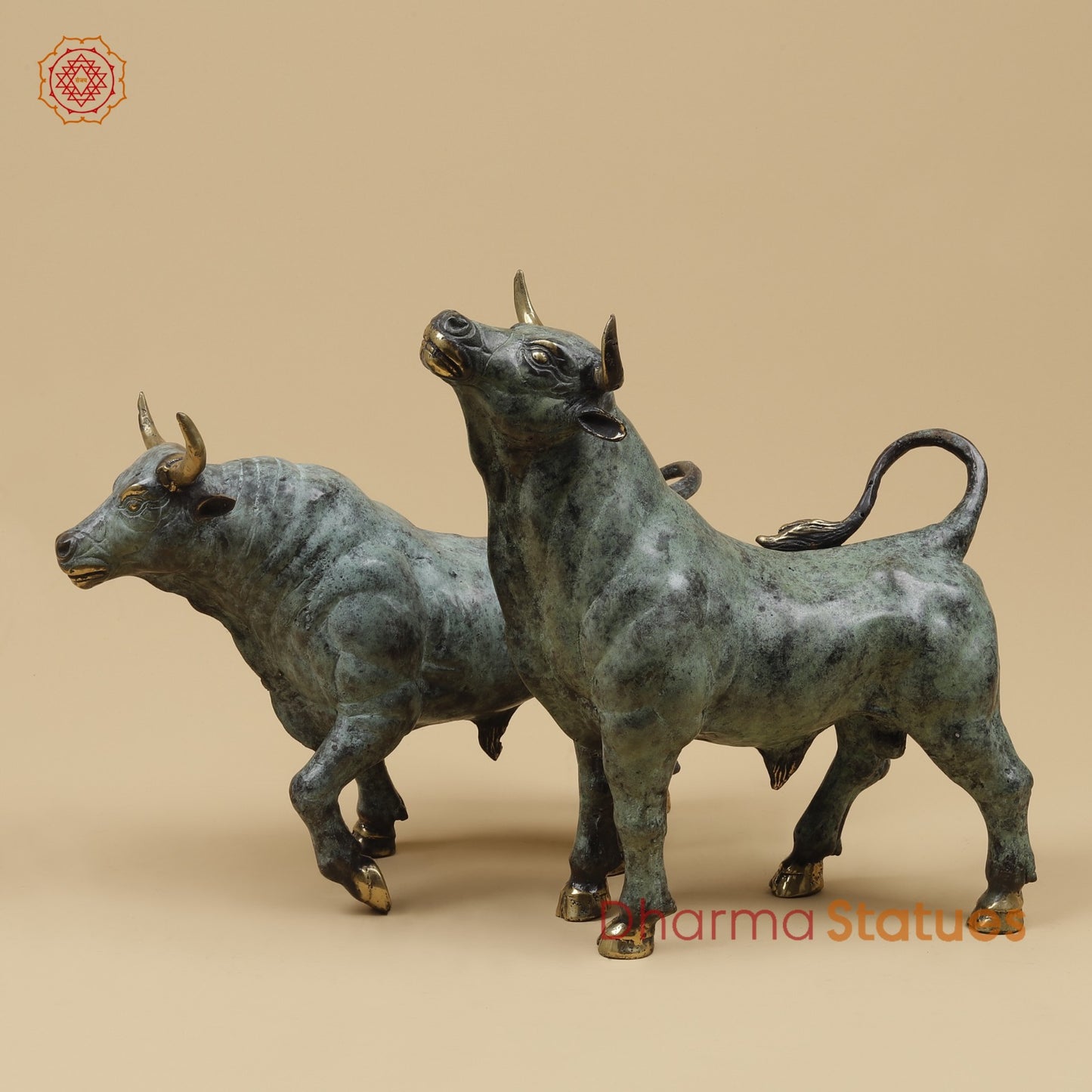 Bronze Pair Of Bulls Standing Fine, Turqoise finish 12” Origin - Java, Indonesia
