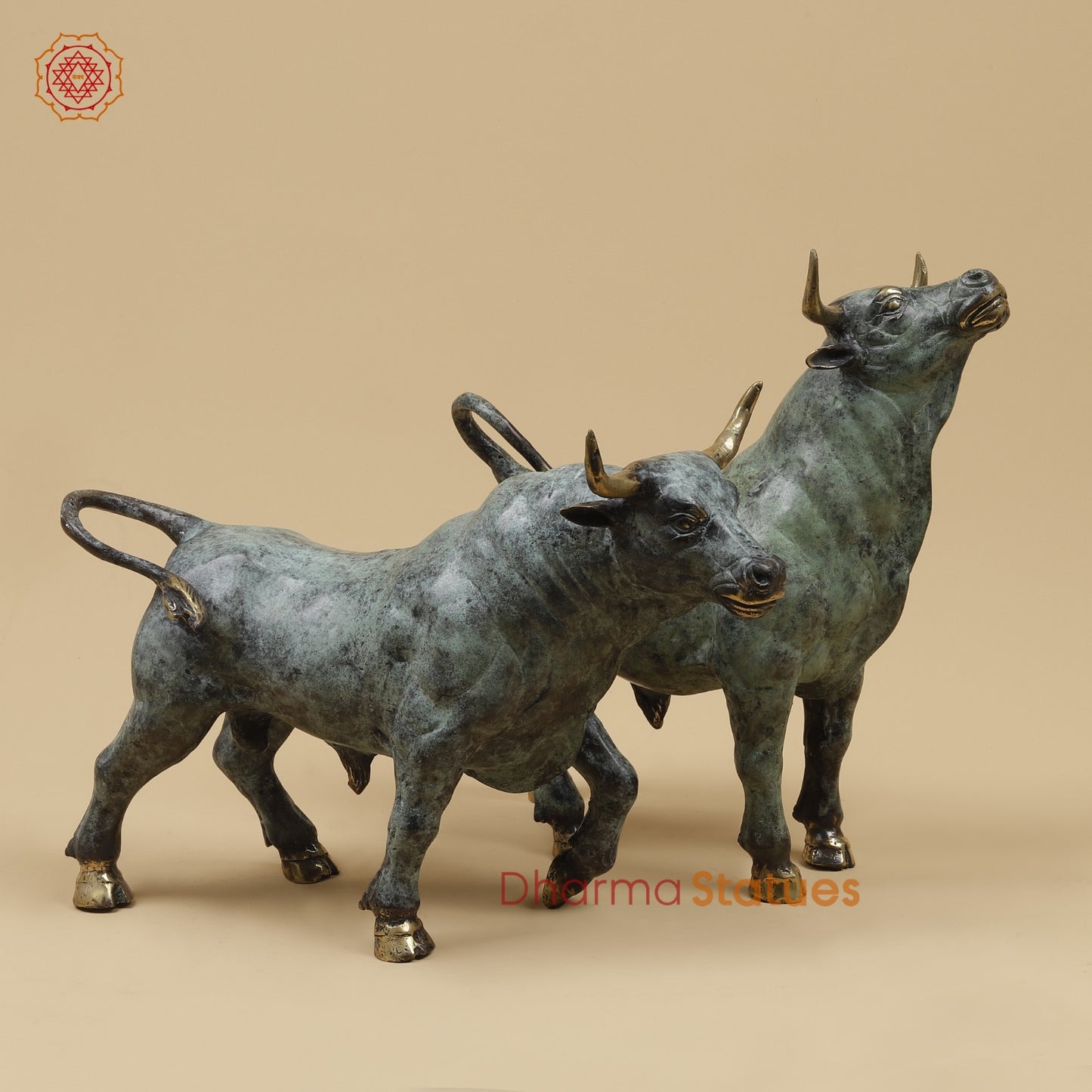 Bronze Pair Of Bulls Standing Fine, Turqoise finish 12” Origin - Java, Indonesia