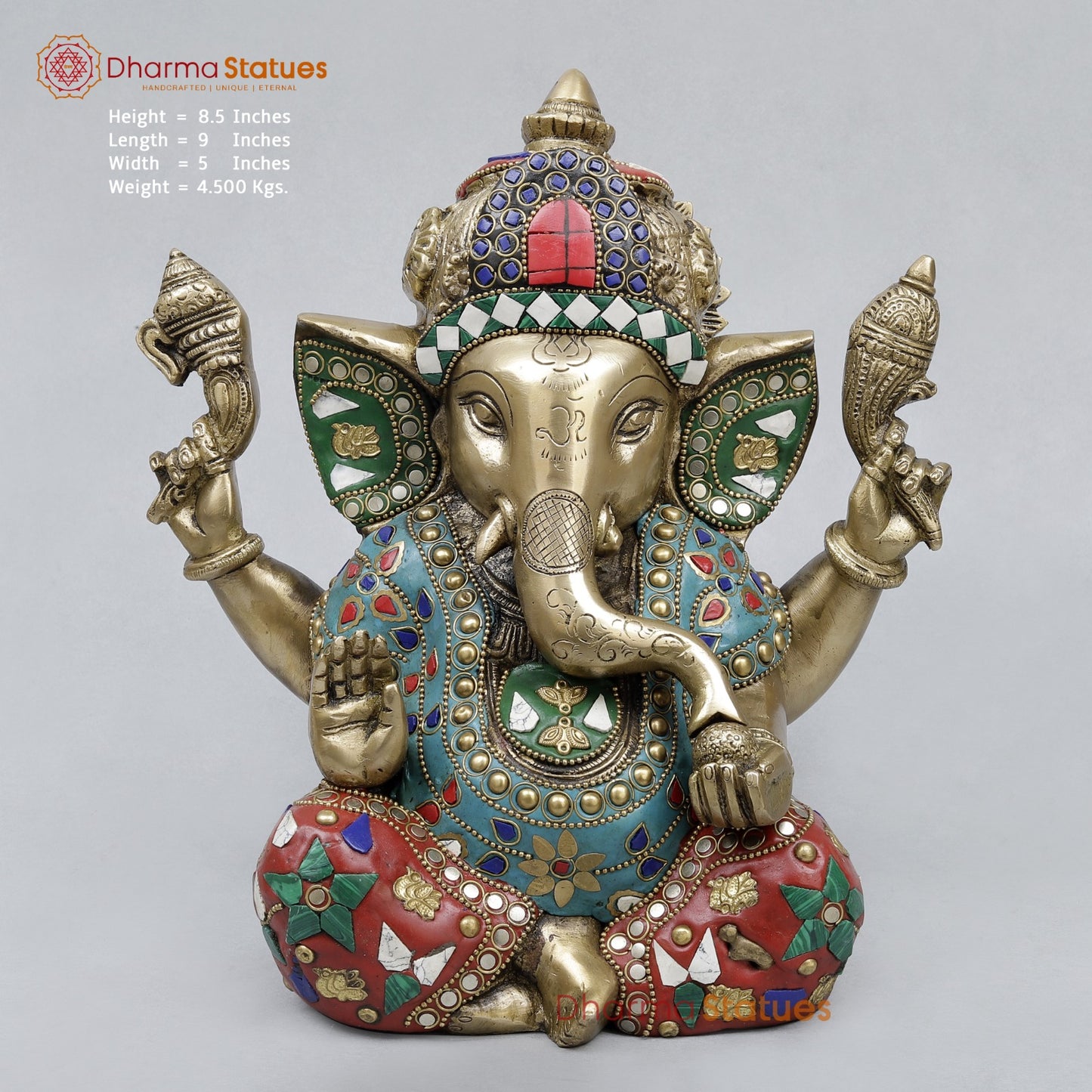 Brass Ganesh Saeted with Long ears Fine, Stone work 8.5