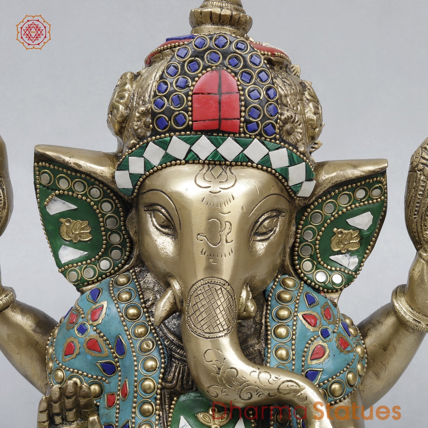 Brass Ganesh Saeted with Long ears Fine, Stone work 8.5