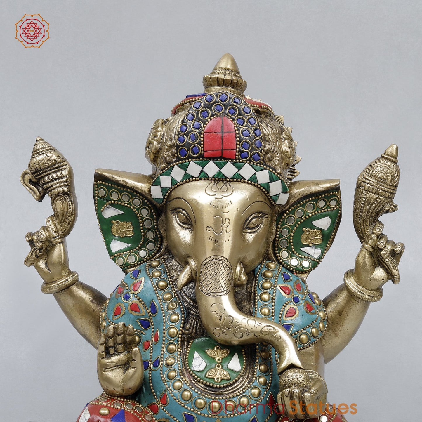 Brass Ganesh Saeted with Long ears Fine, Stone work 8.5