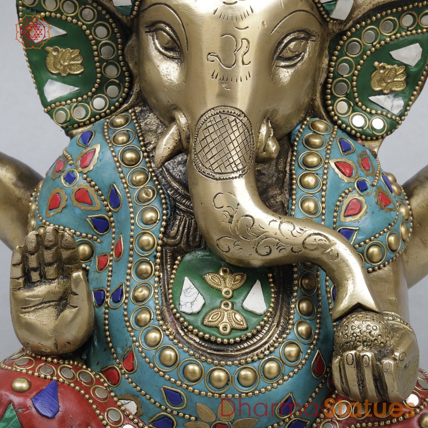 Brass Ganesh Saeted with Long ears Fine, Stone work 8.5