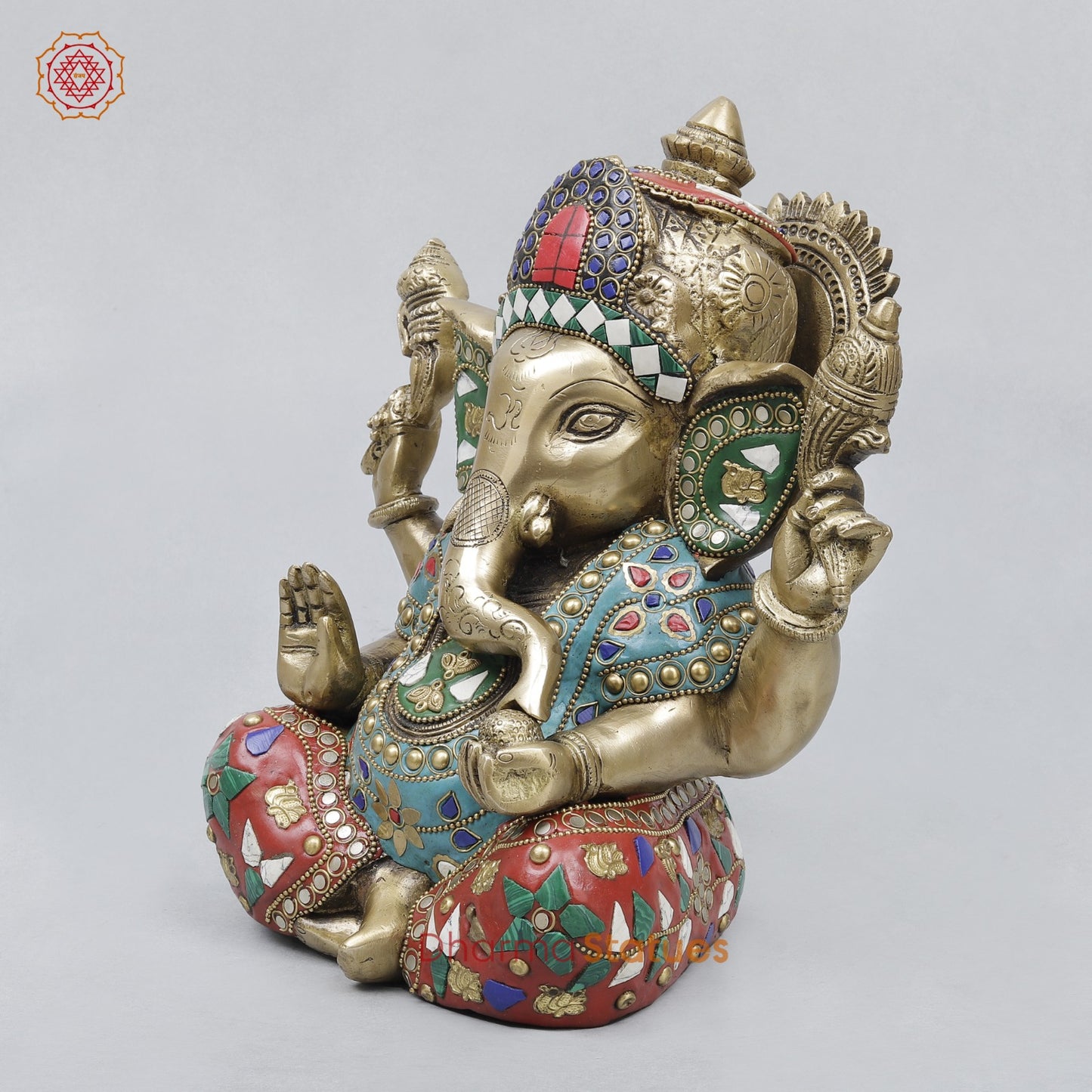 Brass Ganesh Saeted with Long ears Fine, Stone work 8.5