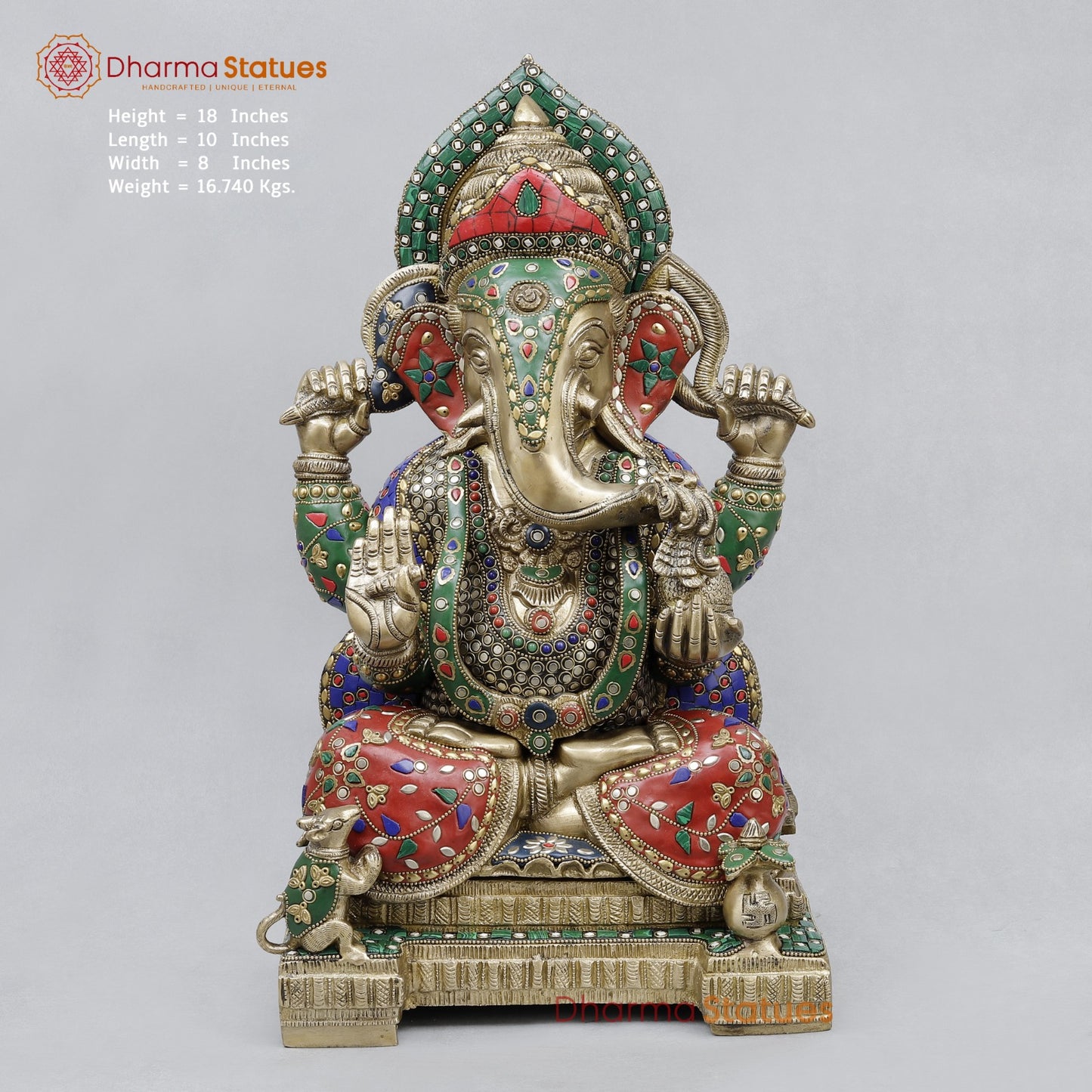 Brass Ganesh Seated with Fine Carving, Stone work 18”
