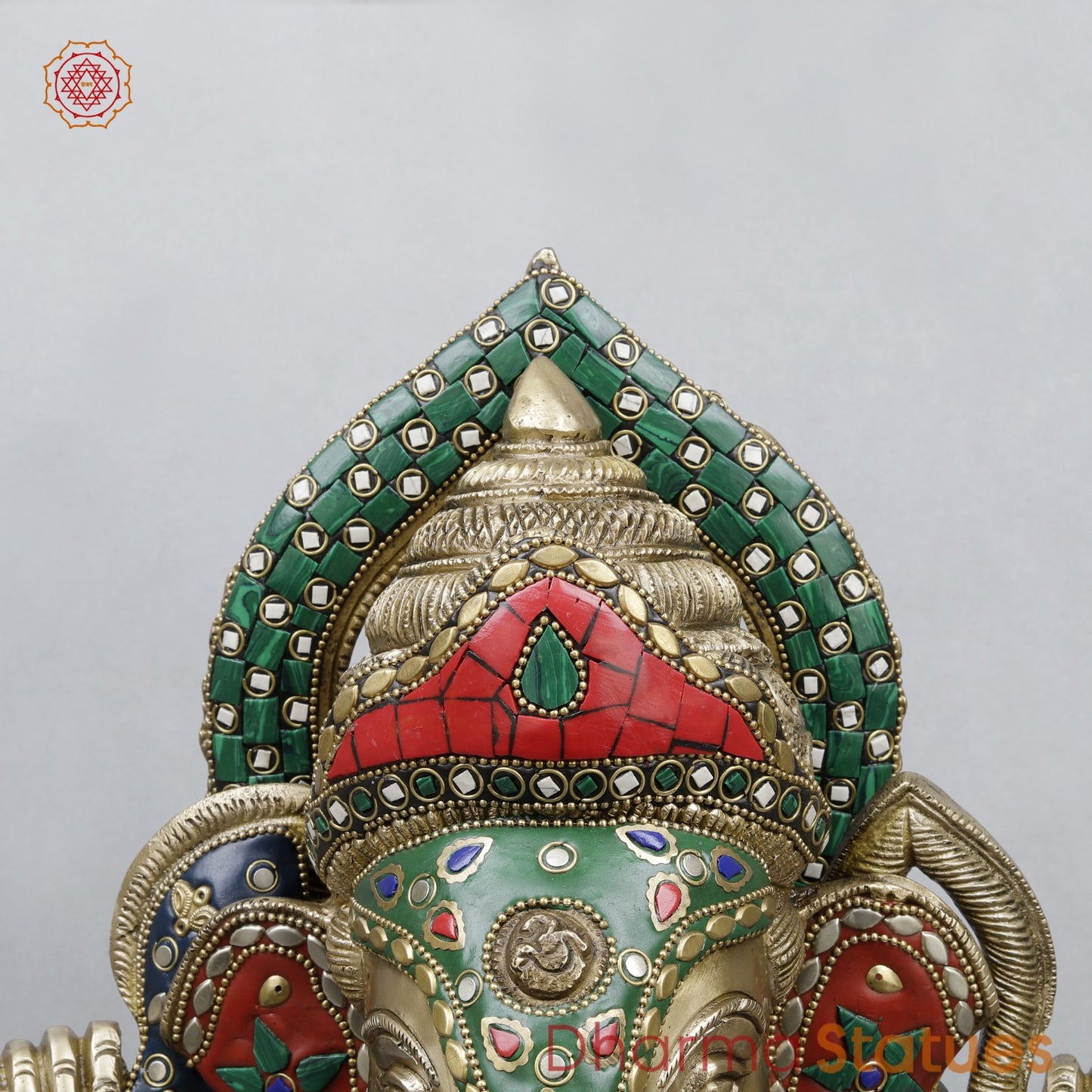 Brass Ganesh Seated with Fine Carving, Stone work 18”