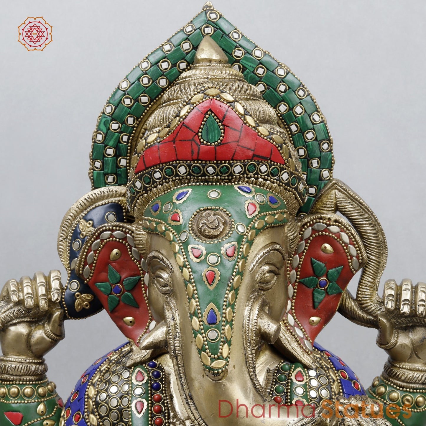 Brass Ganesh Seated with Fine Carving, Stone work 18”