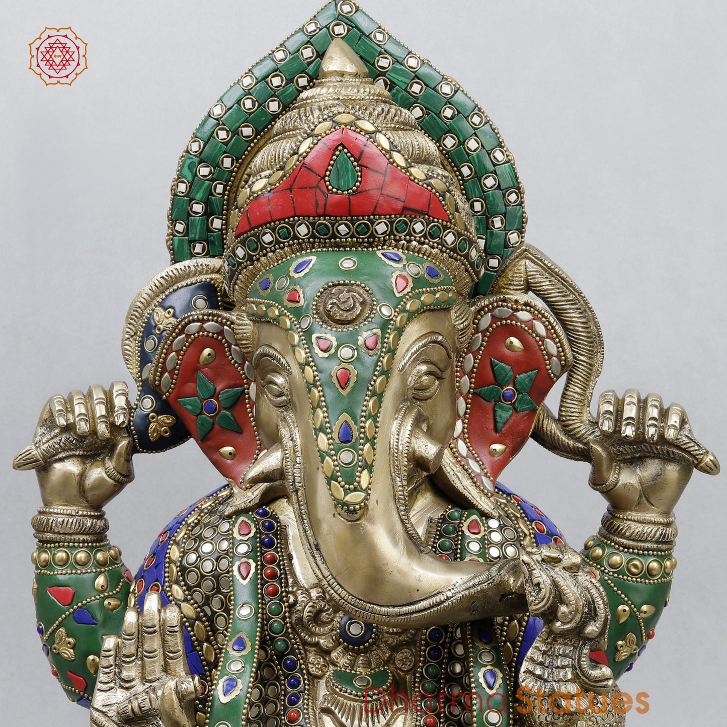 Brass Ganesh Seated with Fine Carving, Stone work 18”