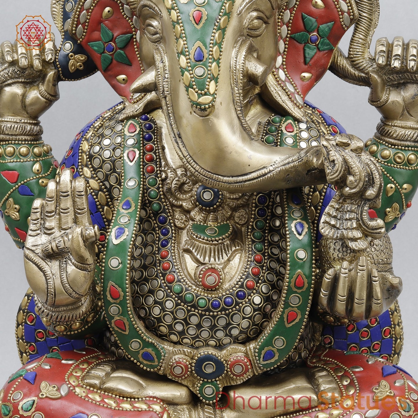 Brass Ganesh Seated with Fine Carving, Stone work 18”