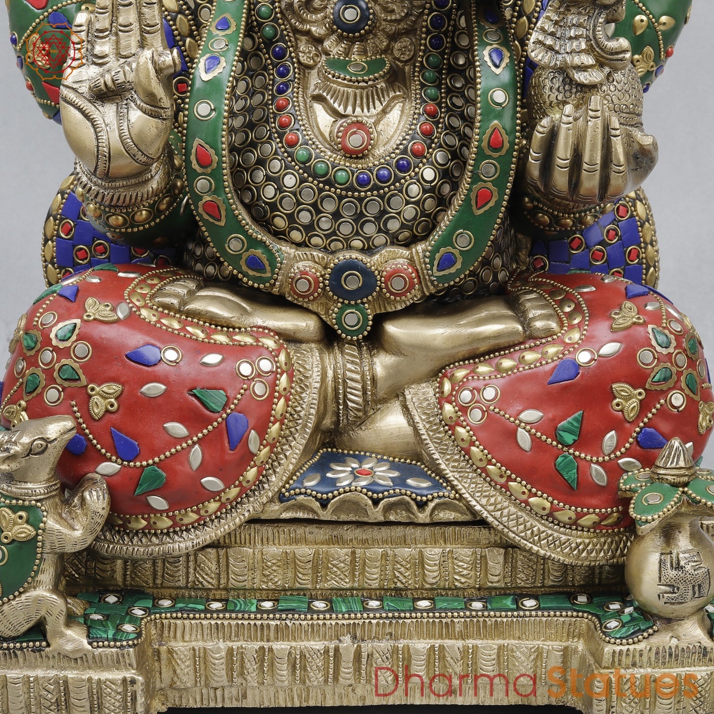 Brass Ganesh Seated with Fine Carving, Stone work 18”