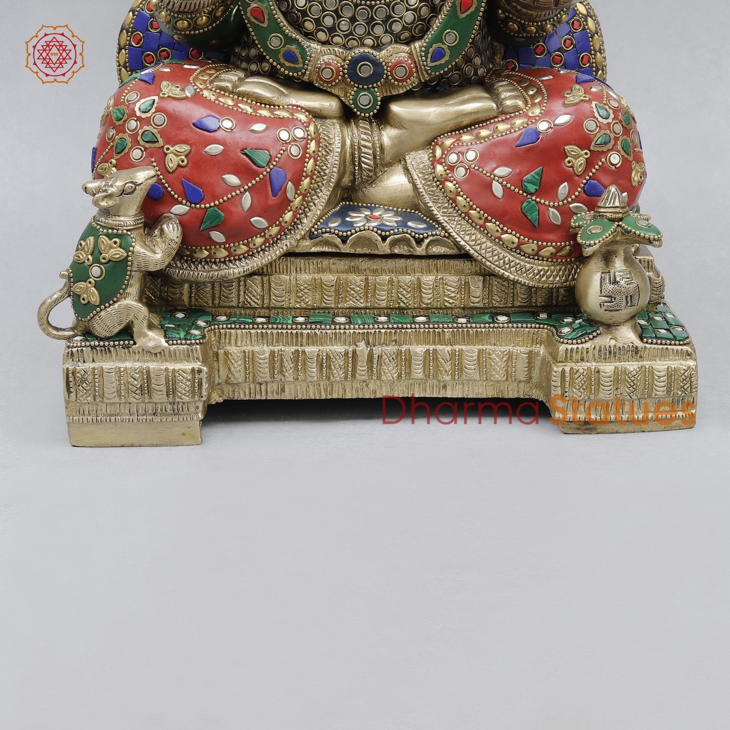 Brass Ganesh Seated with Fine Carving, Stone work 18”
