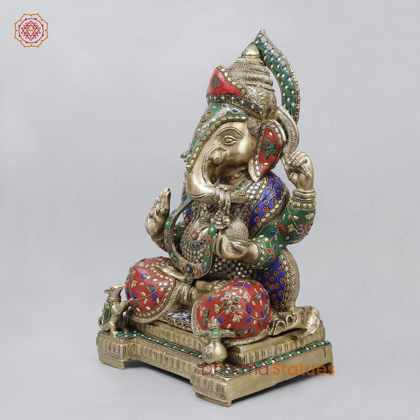 Brass Ganesh Seated with Fine Carving, Stone work 18”