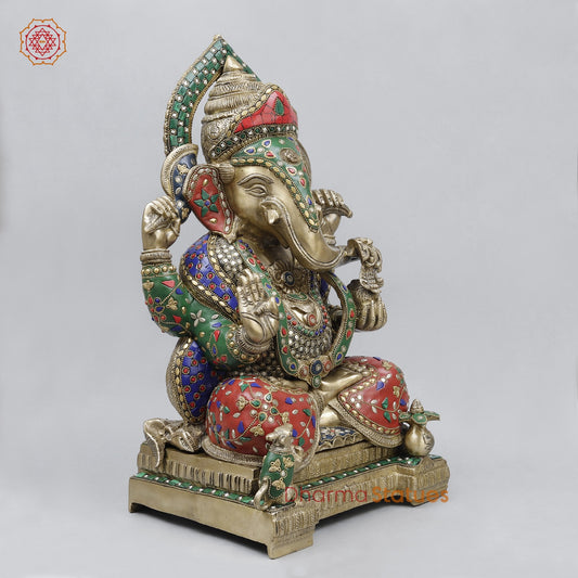 Brass Ganesh Seated with Fine Carving, Stone work 18”