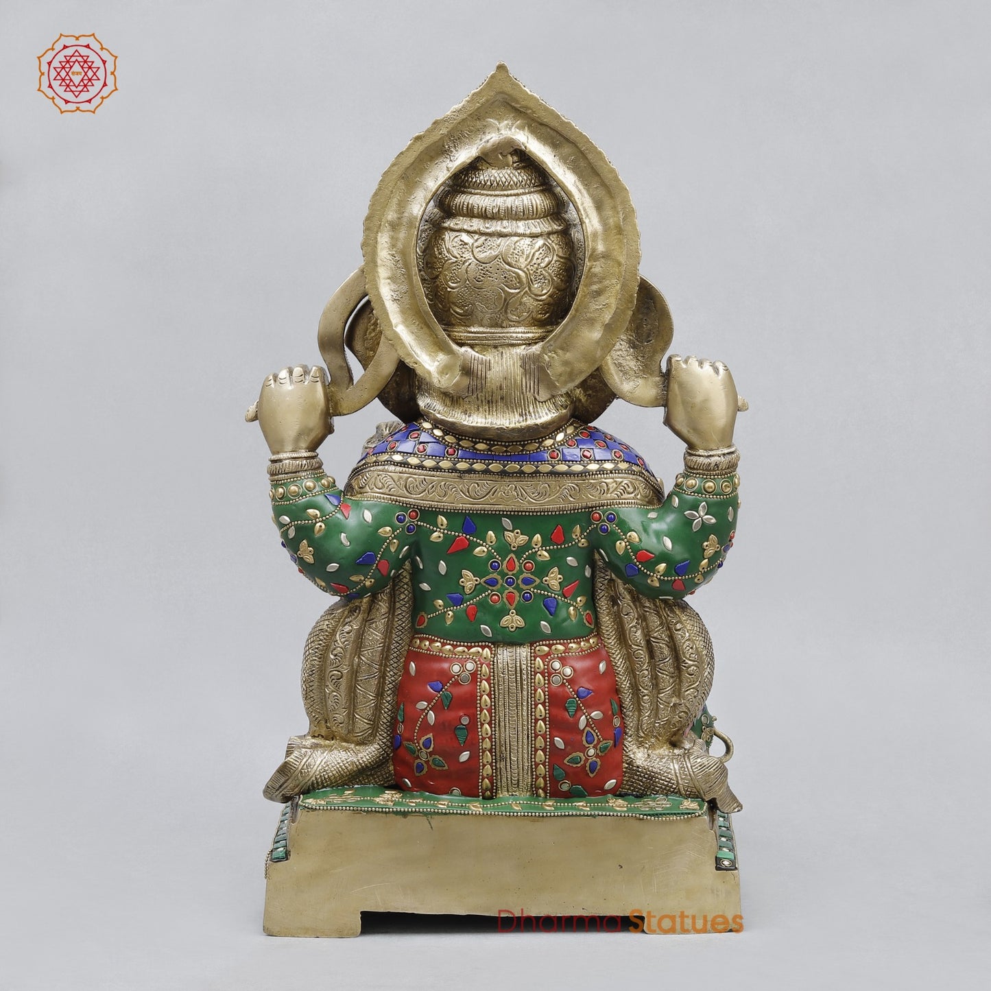 Brass Ganesh Seated with Fine Carving, Stone work 18”
