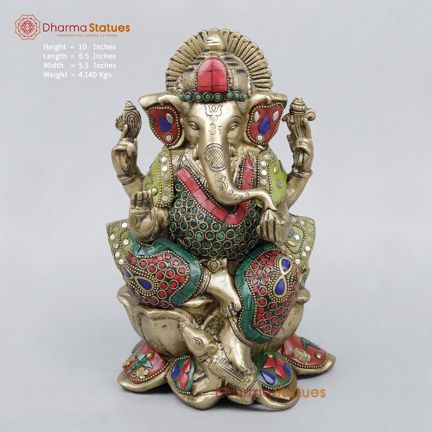 Brass Ganesh Seated On Lotus, Stone work 10”