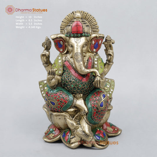 Brass Ganesh Seated On Lotus, Stone work 10”