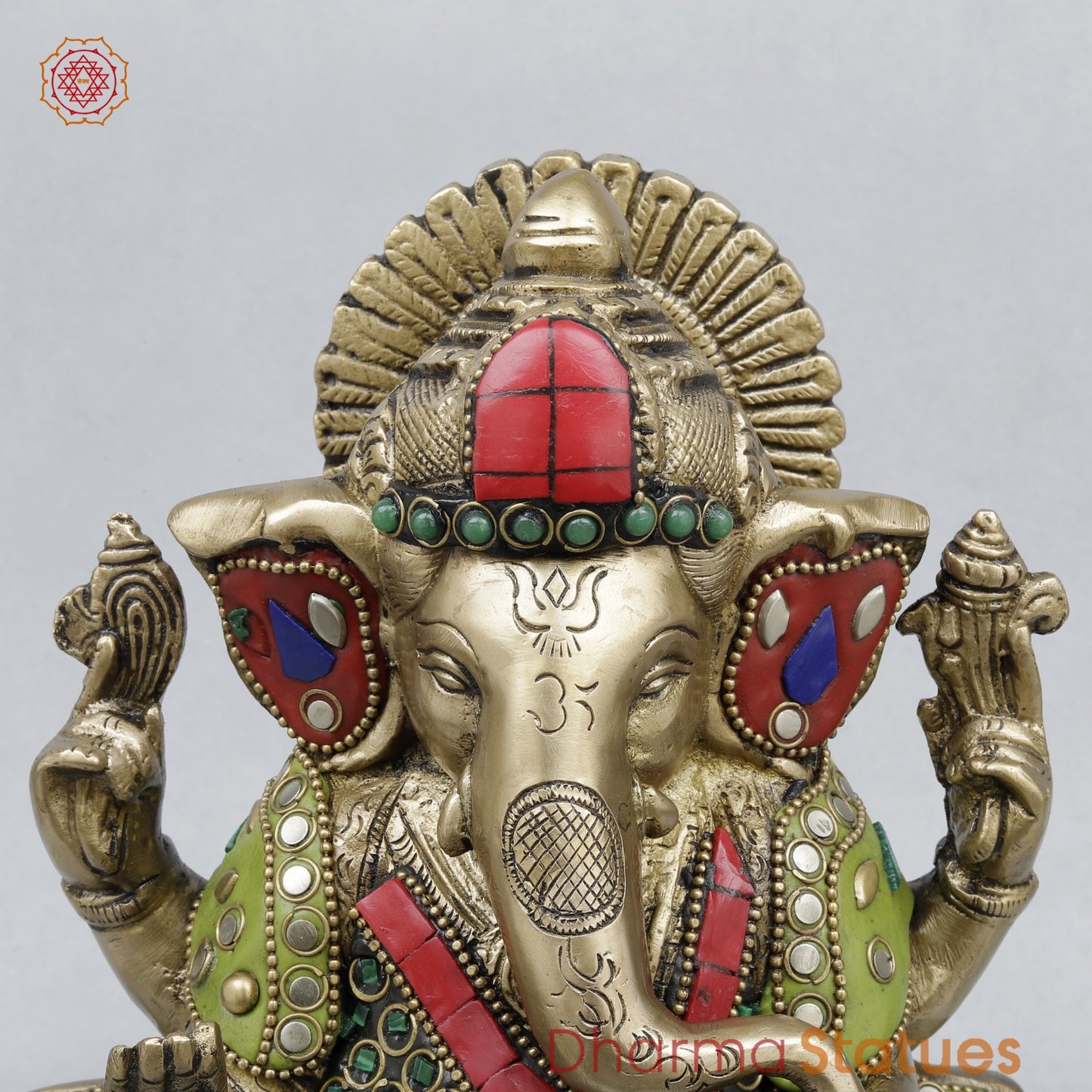 Brass Ganesh Seated On Lotus, Stone work 10”