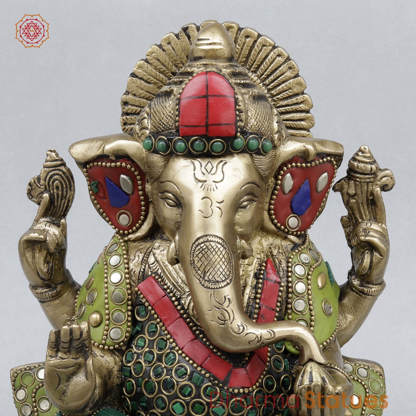 Brass Ganesh Seated On Lotus, Stone work 10”