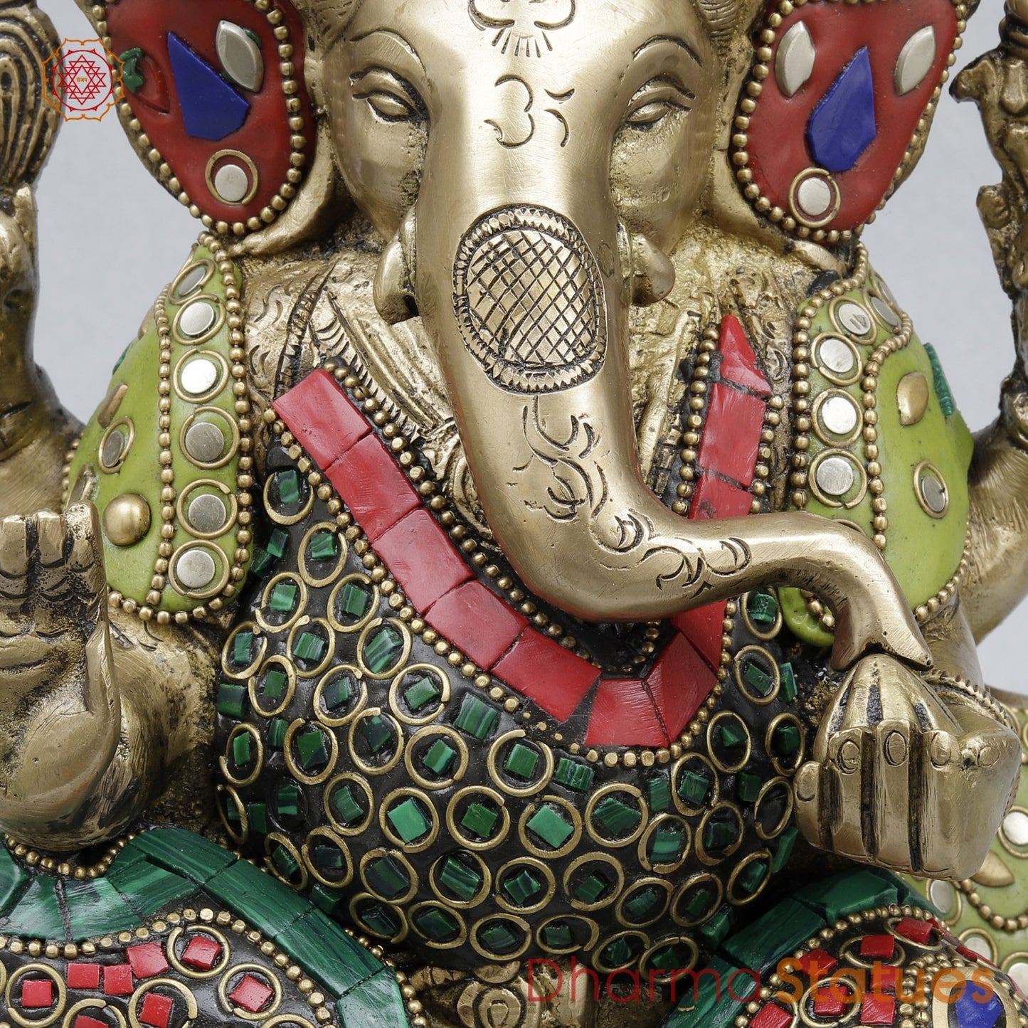 Brass Ganesh Seated On Lotus, Stone work 10”