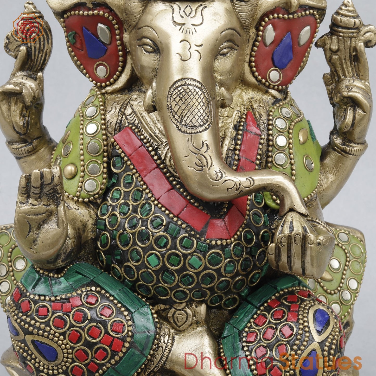 Brass Ganesh Seated On Lotus, Stone work 10”