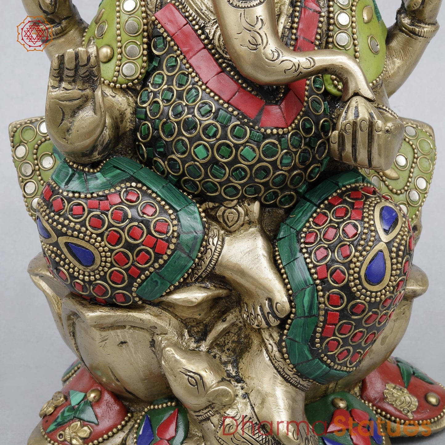 Brass Ganesh Seated On Lotus, Stone work 10”
