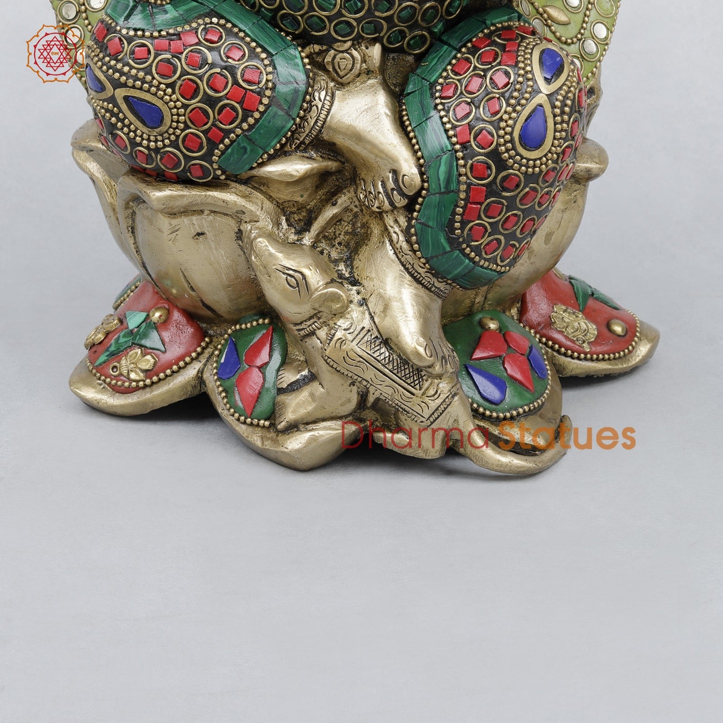 Brass Ganesh Seated On Lotus, Stone work 10”